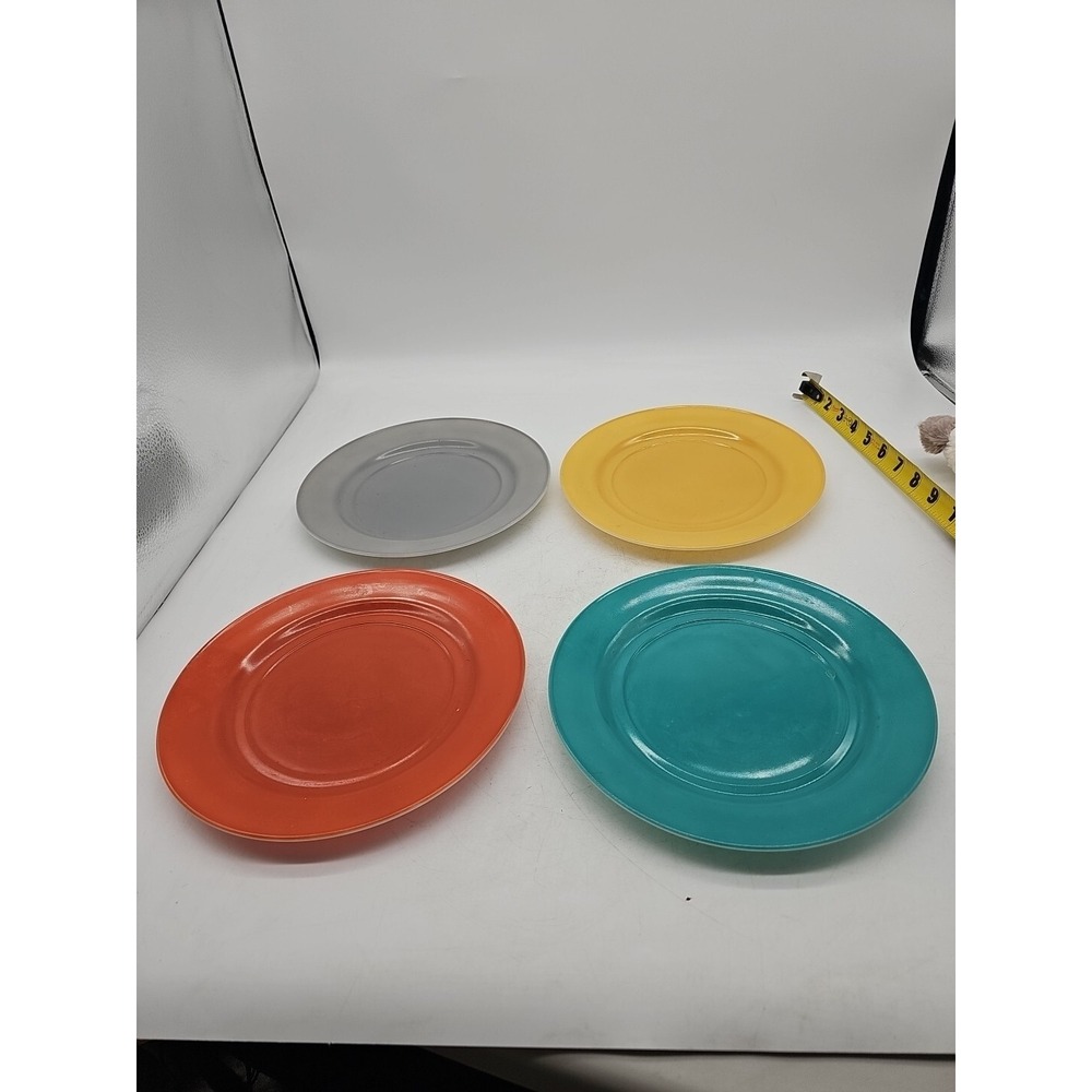 4 Hazel Atlas Platonite Ovide Dinner Plates 9" Yellow Green Gray Oarnge